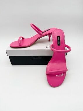 Nine West Berri Patent Slide Sandals Open Toe Dress Heels Pink 8 NEW